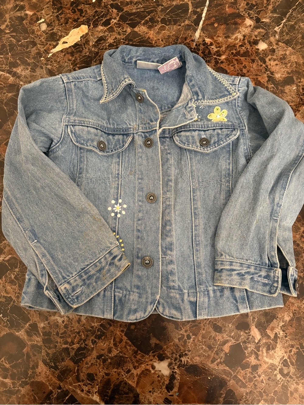 Blueberi Boulevard Light Blue Denim Jacket with Yellow Flower Accents